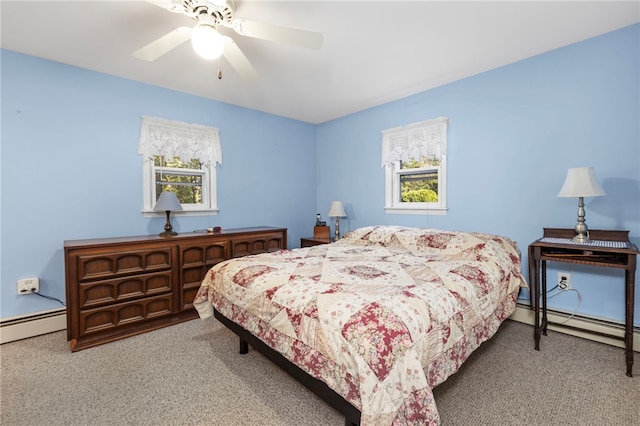 bedroom with multiple windows, carpet flooring, and ceiling fan