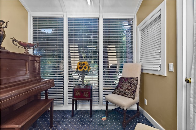 living area featuring carpet flooring and ornamental molding