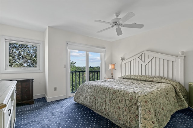 bedroom featuring access to outside and ceiling fan