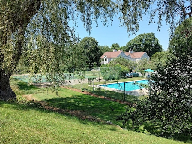 view of swimming pool featuring a yard