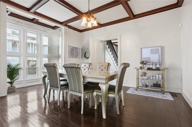 dining area with dark hardwood / wood-style floors, an inviting chandelier, and coffered ceiling