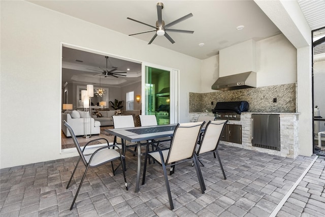 view of patio / terrace featuring area for grilling, a grill, and ceiling fan