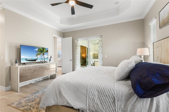 tiled bedroom featuring a raised ceiling, ceiling fan, and crown molding