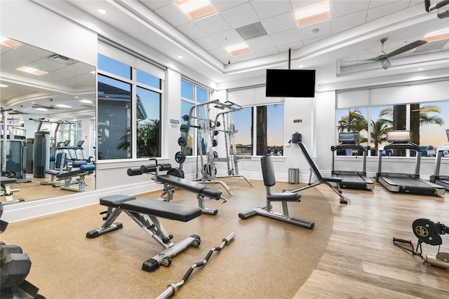 workout area featuring ceiling fan, plenty of natural light, a towering ceiling, and hardwood / wood-style flooring