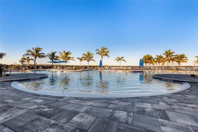 pool at dusk with a patio