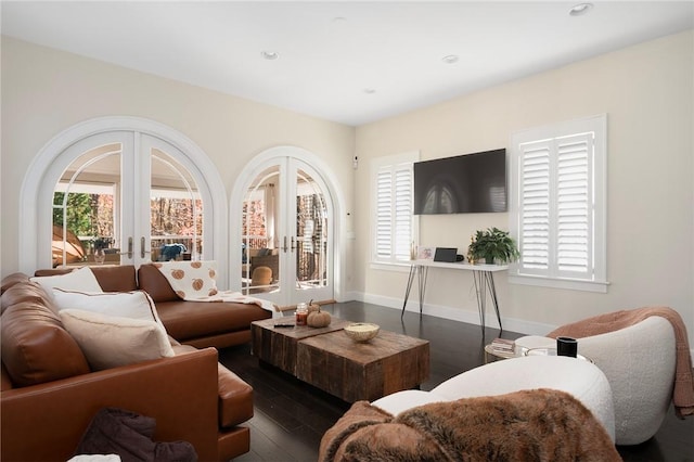 living room with dark hardwood / wood-style flooring and french doors