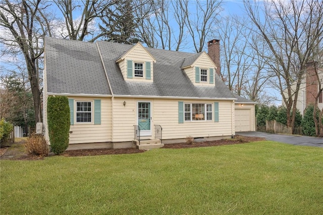 cape cod home with a front lawn and a garage