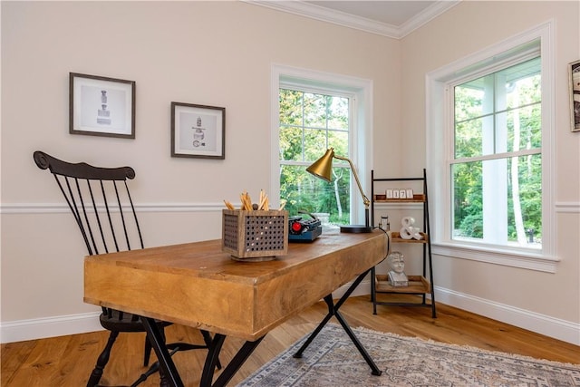 office featuring hardwood / wood-style flooring, crown molding, and a wealth of natural light