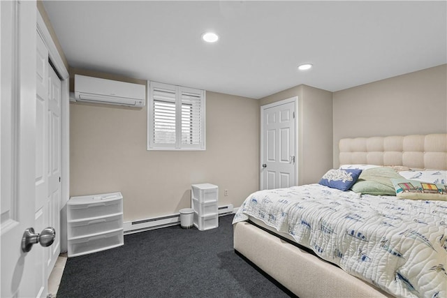 carpeted bedroom with baseboard heating and a wall mounted AC