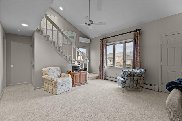 living area featuring a wall mounted air conditioner, carpet flooring, baseboard heating, and vaulted ceiling