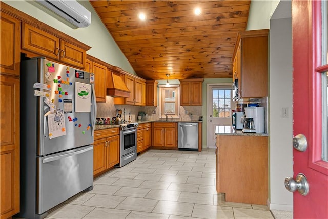 kitchen with stainless steel appliances, lofted ceiling, decorative backsplash, wood ceiling, and custom exhaust hood