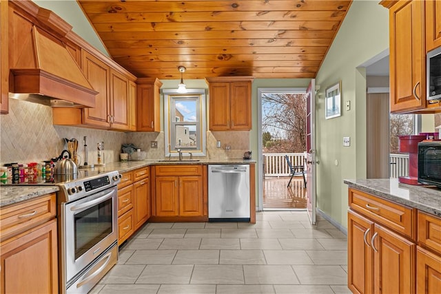 kitchen with light stone counters, stainless steel appliances, lofted ceiling, and wooden ceiling