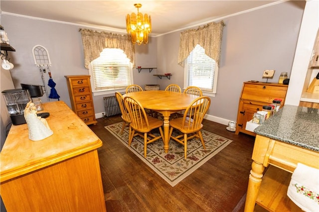 dining area featuring a notable chandelier, plenty of natural light, dark wood-type flooring, and radiator