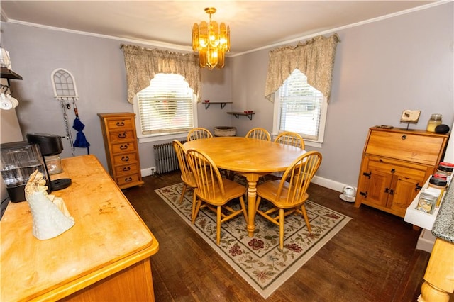 dining room with radiator, an inviting chandelier, a wealth of natural light, and dark wood-type flooring