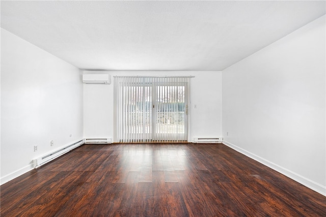 unfurnished room with dark hardwood / wood-style floors, baseboard heating, and a wall unit AC