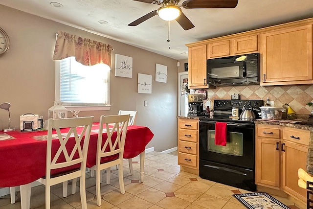 kitchen featuring backsplash, ceiling fan, black appliances, light tile patterned floors, and light brown cabinets