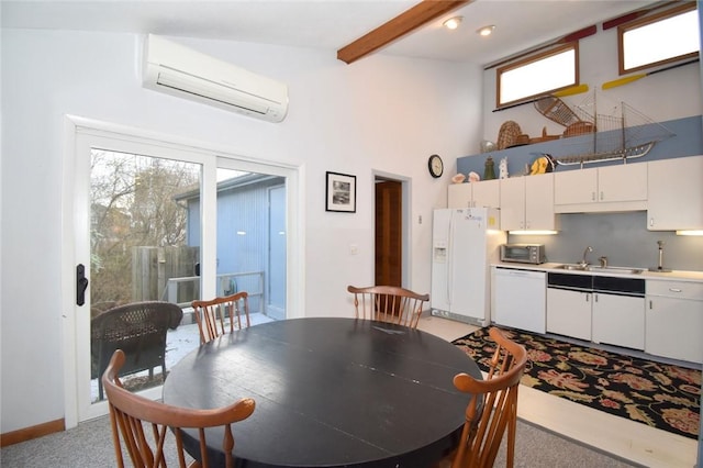 carpeted dining room featuring beam ceiling, an AC wall unit, sink, and high vaulted ceiling