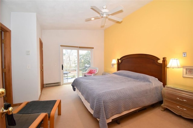 bedroom with light carpet, a baseboard heating unit, vaulted ceiling, ceiling fan, and access to exterior