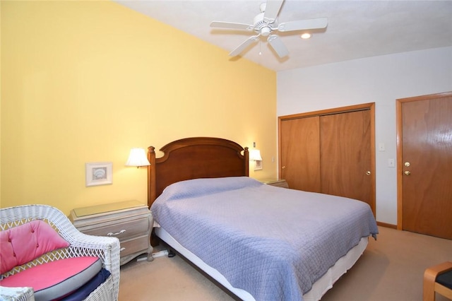 bedroom featuring ceiling fan and carpet floors