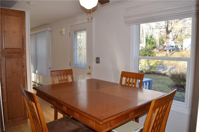 dining area with plenty of natural light, ceiling fan, and ornamental molding