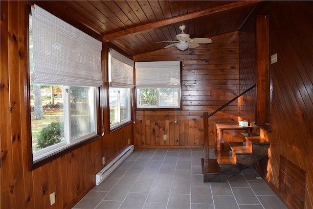 unfurnished sunroom featuring vaulted ceiling with beams, a baseboard radiator, ceiling fan, and wooden ceiling