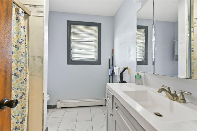 bathroom featuring a shower, vanity, and baseboard heating