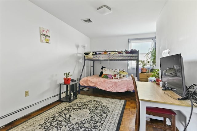 bedroom featuring dark parquet floors and a baseboard radiator