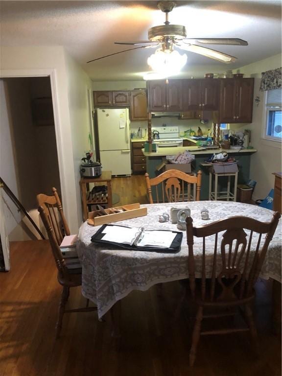 dining room with hardwood / wood-style floors and ceiling fan