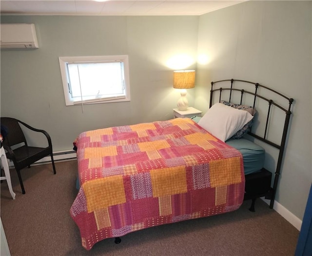 bedroom featuring a wall mounted AC and dark colored carpet