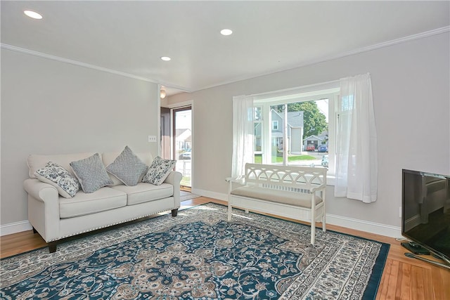 living room featuring wood-type flooring and ornamental molding