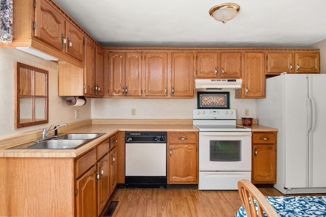 kitchen featuring light hardwood / wood-style floors, white appliances, and sink