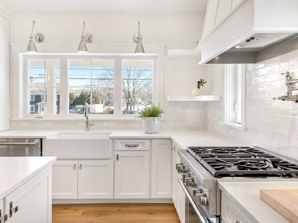 kitchen with appliances with stainless steel finishes, white cabinetry, sink, decorative backsplash, and custom exhaust hood