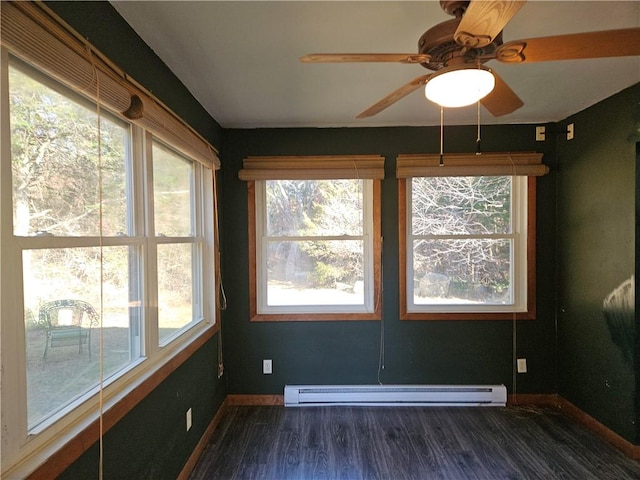 unfurnished sunroom with plenty of natural light, ceiling fan, and a baseboard heating unit