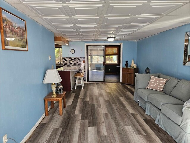 living room featuring dark wood-type flooring