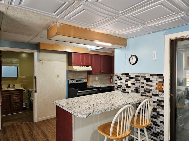 kitchen with sink, stainless steel electric range oven, dark hardwood / wood-style flooring, kitchen peninsula, and a breakfast bar area