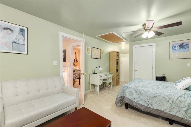 bedroom featuring ceiling fan and light colored carpet