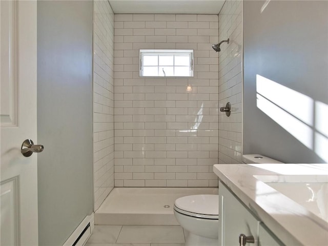 full bathroom featuring vanity, baseboard heating, a shower stall, and toilet