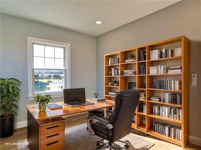 home office featuring recessed lighting, baseboards, and wood finished floors