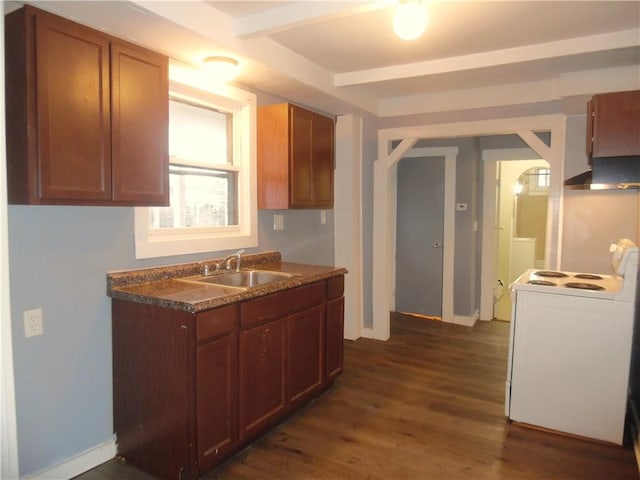 kitchen with white range with electric stovetop, dark hardwood / wood-style flooring, sink, and extractor fan