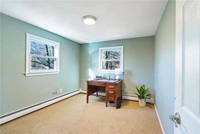 office featuring carpet and a baseboard radiator