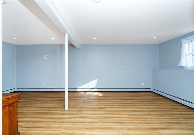 basement with light hardwood / wood-style flooring