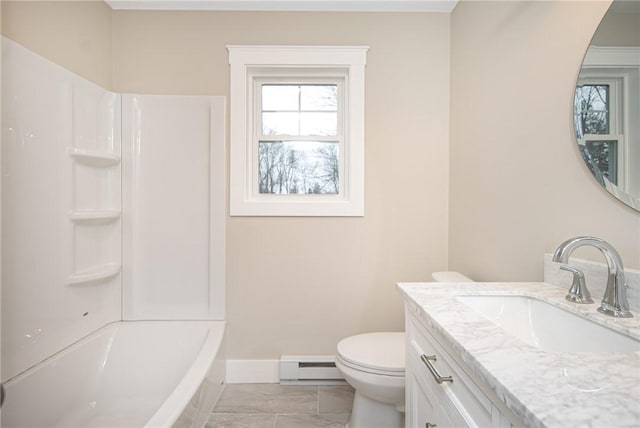 full bathroom featuring vanity, toilet, shower / washtub combination, and a baseboard radiator