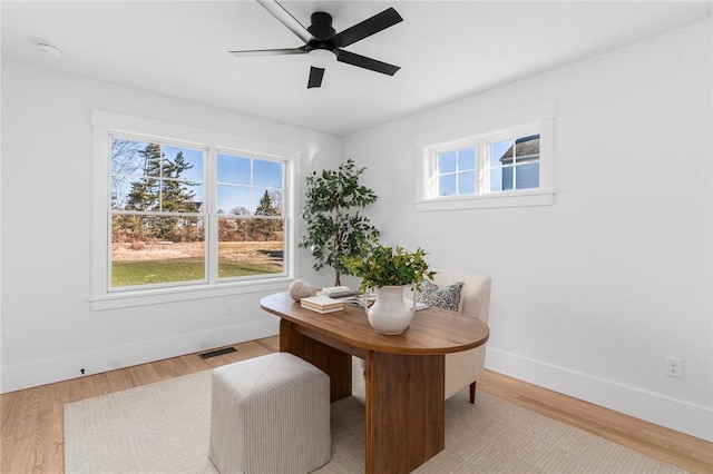 office area with light hardwood / wood-style flooring and ceiling fan