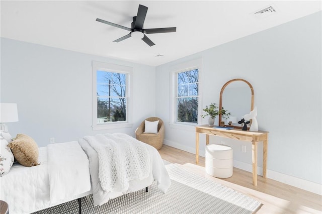 bedroom featuring ceiling fan and light hardwood / wood-style floors