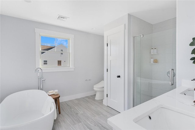 full bathroom featuring vanity, toilet, and shower with separate bathtub