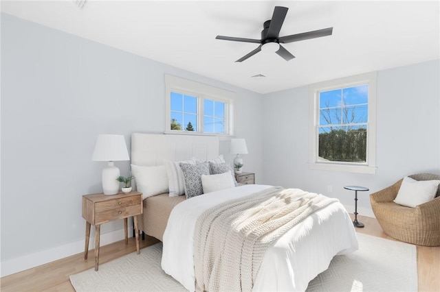 bedroom with ceiling fan and light hardwood / wood-style flooring