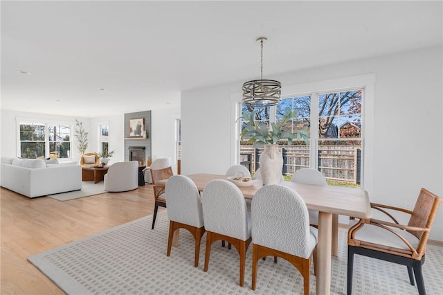 dining room with a chandelier and light hardwood / wood-style flooring