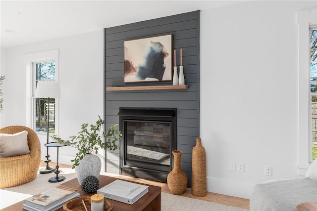 living room with wood-type flooring and a fireplace