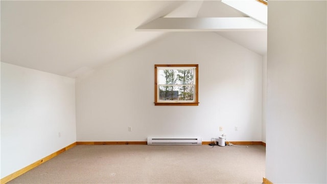 additional living space featuring carpet, vaulted ceiling with beams, and baseboard heating