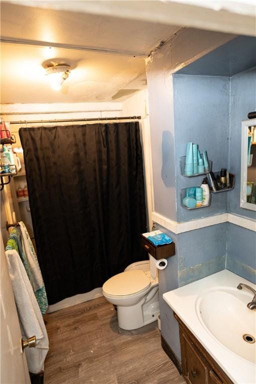 bathroom featuring vanity, wood-type flooring, and toilet